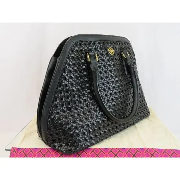 $525 TORY BURCH ROBINSON BLACK BASKET WOVEN LEATHER LOGO SATCHEL TOTE HANDBAG